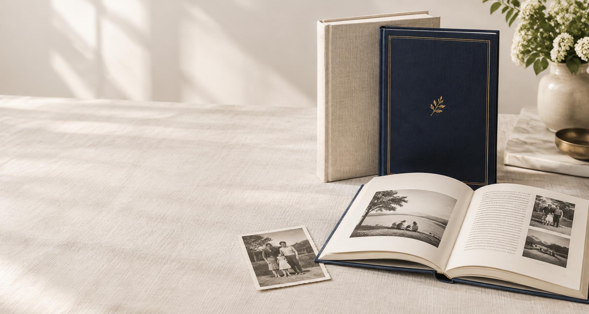 Linen and navy hardcover books beside an open memoir with family photographs